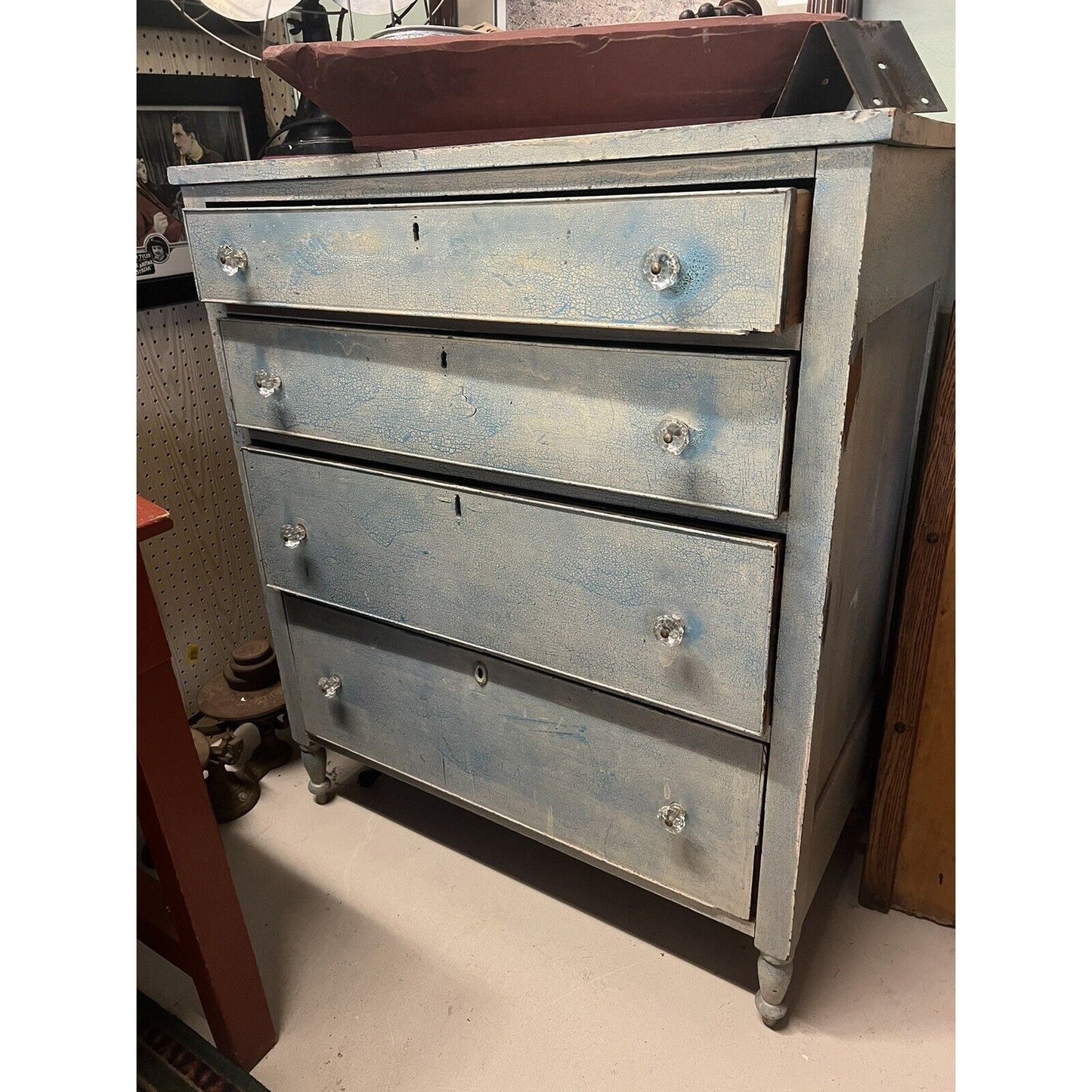 Antique 1800s Sheraton Walnut Chippy Blue Paint 4 Drawer Dresser w/ Glass Pulls