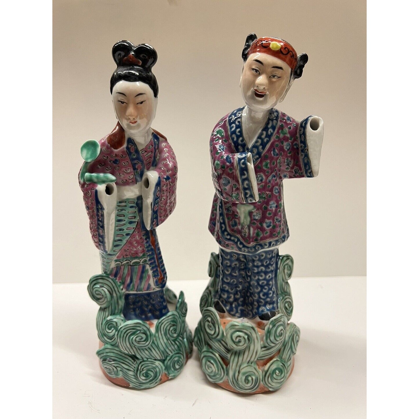 Antique Chinese Hand Painted Famille Rose Pair Porcelain Figurines Missing Hands