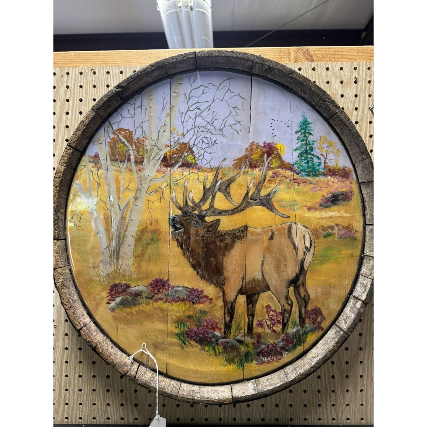 Hand Painted Elk In Woods Scene Painting Wall Hanging On Top Of Whiskey Barrel