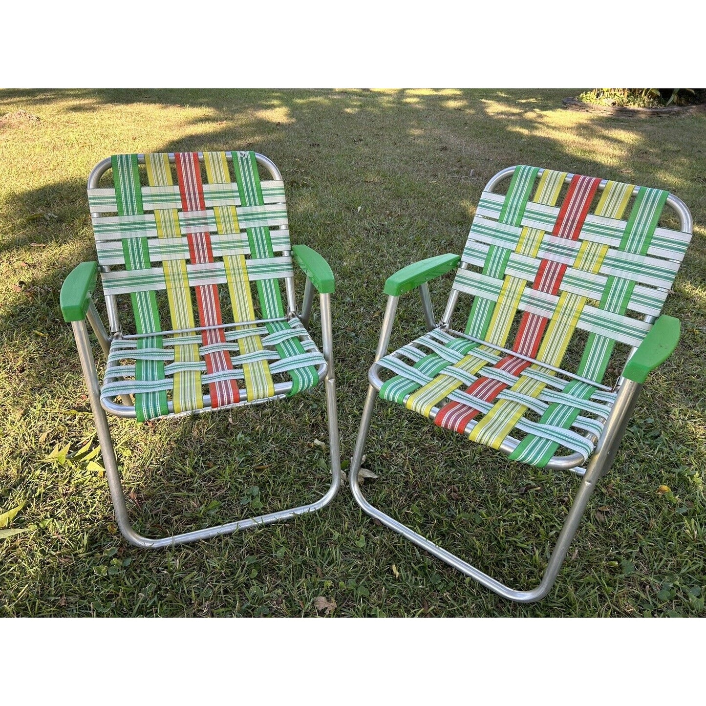 Vintage Aluminum Folding Lawn Chairs Green, Yellow, Orange Webbing Set Of 2