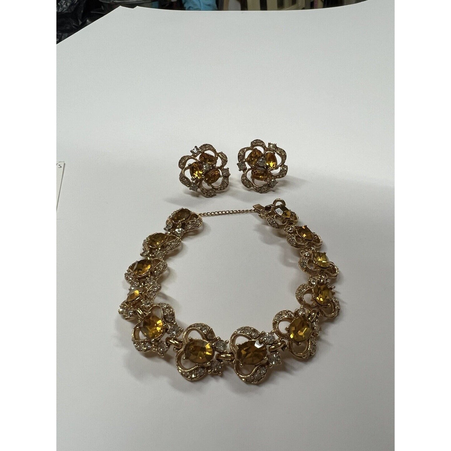 Vintage 40s-60s Bogoff Topaz & Rhinestone Bracelet With Screw On Earrings