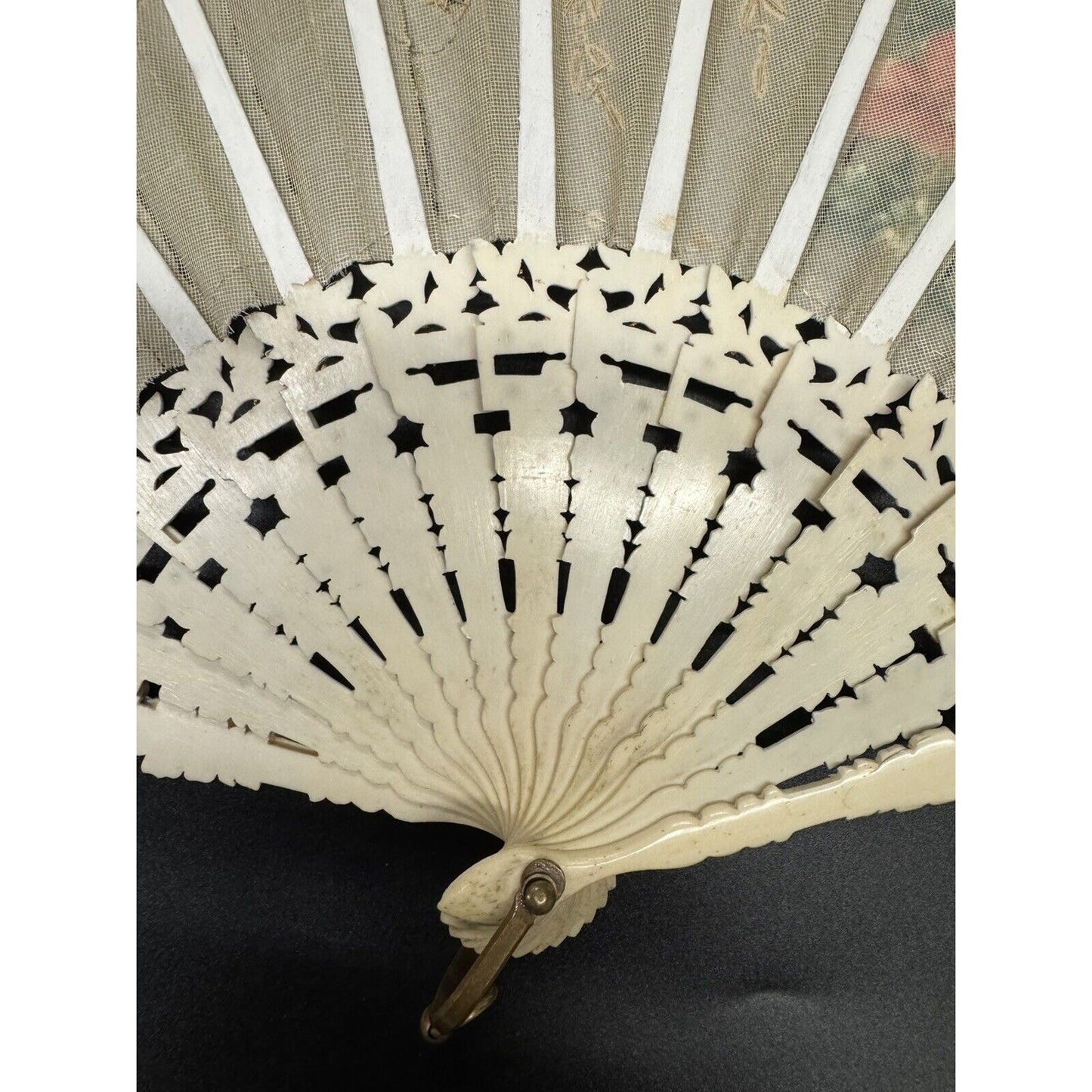 Antique 1800s Hand Painted Lace & Carved Ivorine Hand Fan