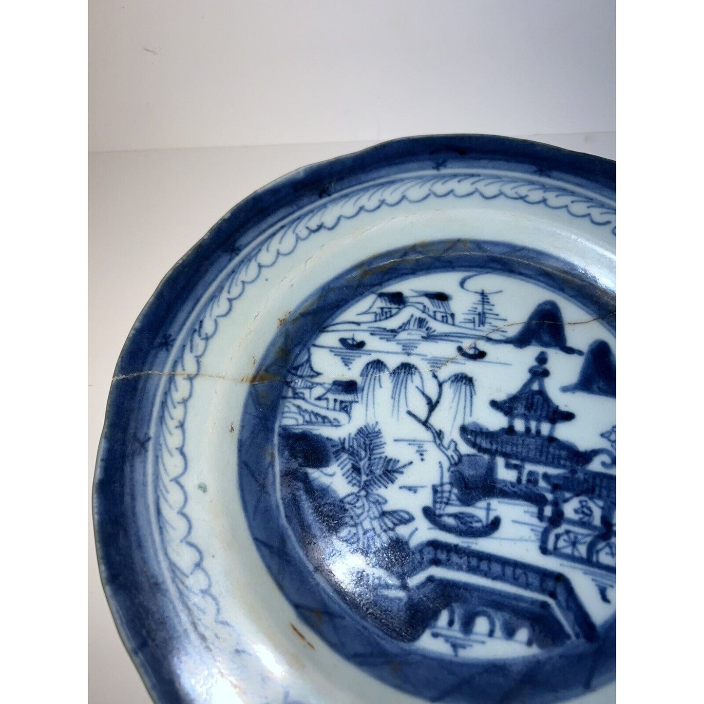 Chinese Blue & White Canton 1830s Or Older Decorative Plate Has Been Repaired