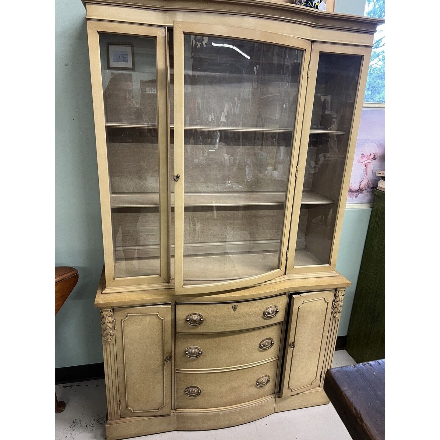 1950s Blonde Mahogany Finish Serpentine Bow Front Hutch China Cabinet