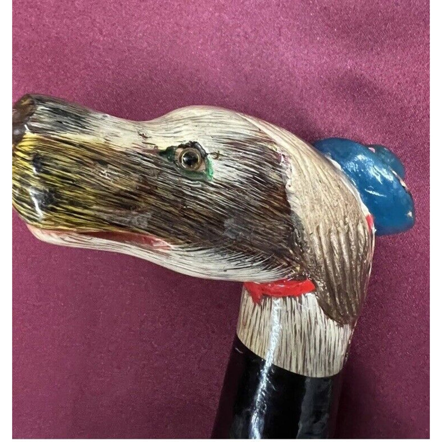 Antique American Folk Art Bamboo Hand Carved, Hand Painted Dog Head Walking Cane