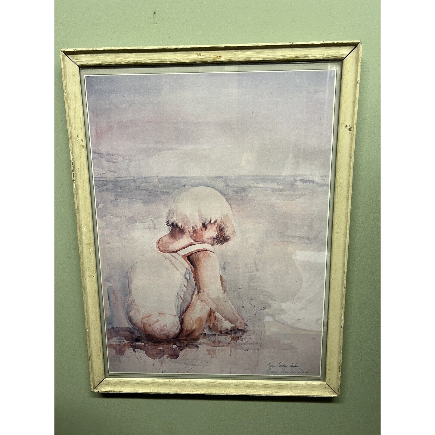 Signed Gaye Sanders Fisher ‘83 Print Of Child Playing On A Beach