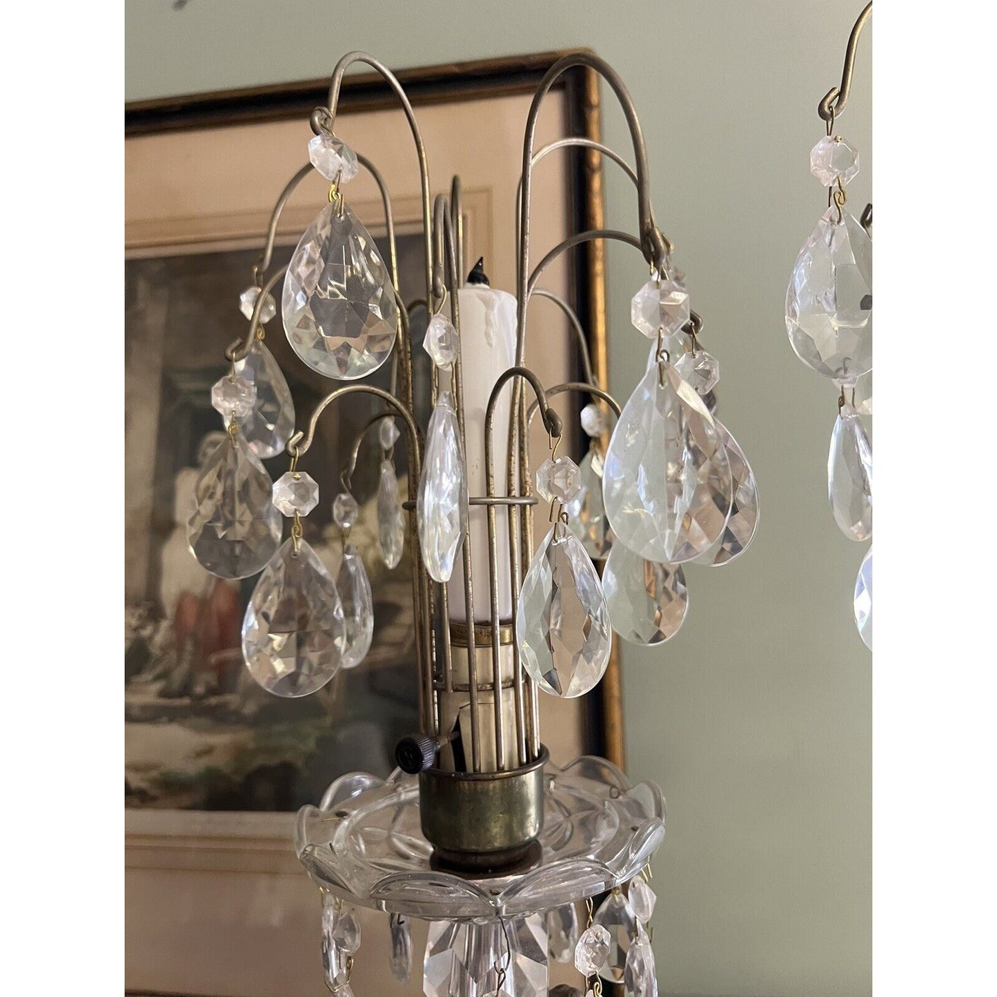 Pair Of Crystal Teardrop Marble Base With Cherubs Lamps