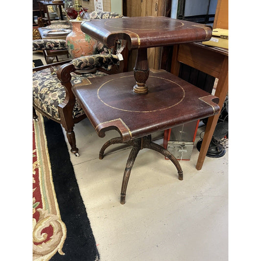 American Regency Revival 2 Tier Leather Top Pedestal Table. Reverse Saber Legs