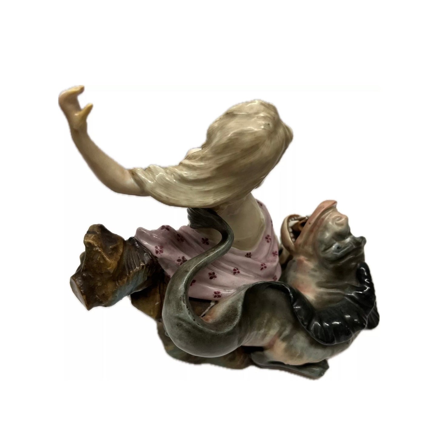 Early Rare Antique Carl Thieme German Porcelain Dresden Meissen Style Woman with Sea Serpent Figurine