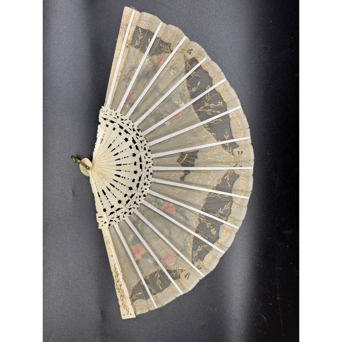 Antique 1800s Hand Painted Lace & Carved Ivorine Hand Fan