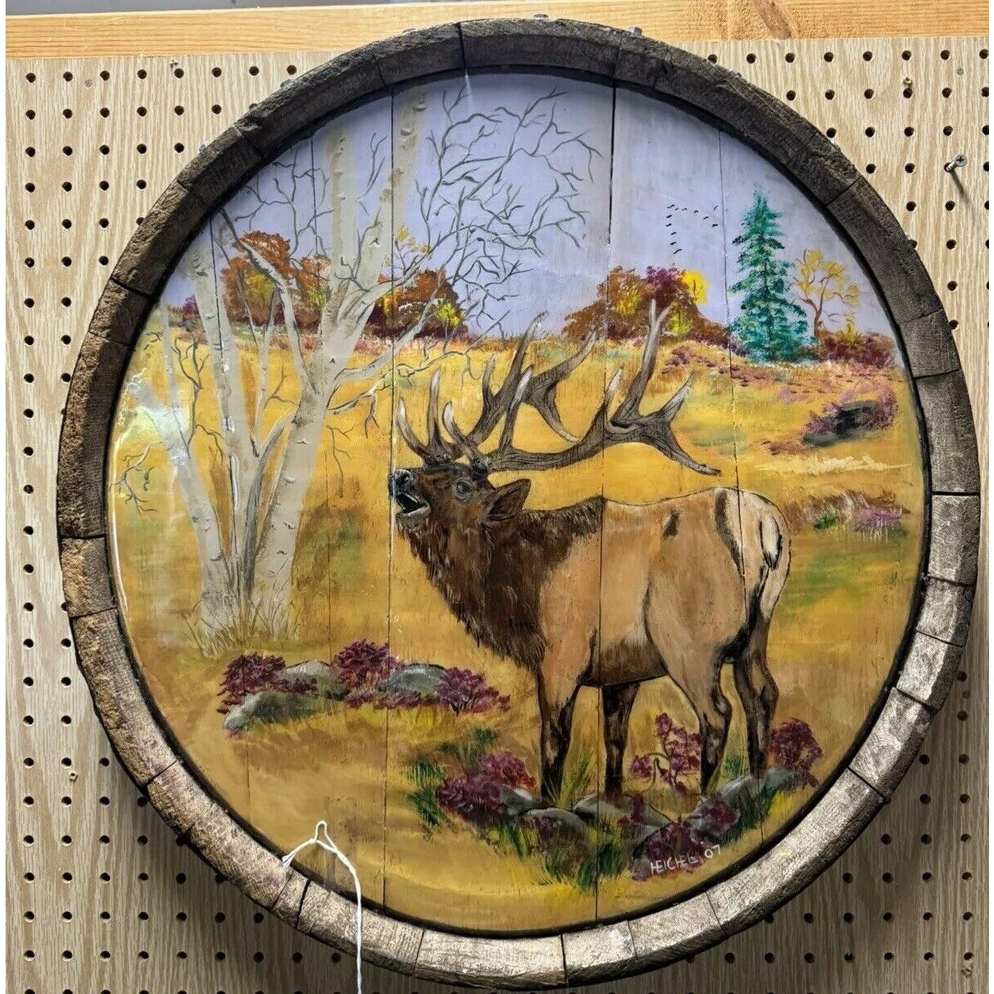 Hand Painted Elk In Woods Scene Painting Wall Hanging On Top Of Whiskey Barrel