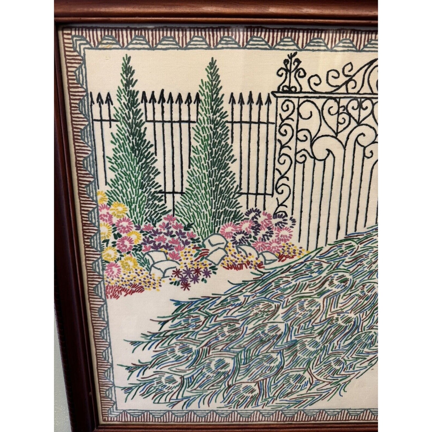 Vintage Artex Fabric Embroidery Paint, Painted Peacock Scene Picture