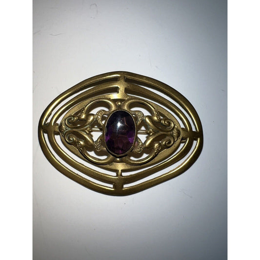 Antique Art Nouveau Brooch Gold Plated With Purple Gemstone