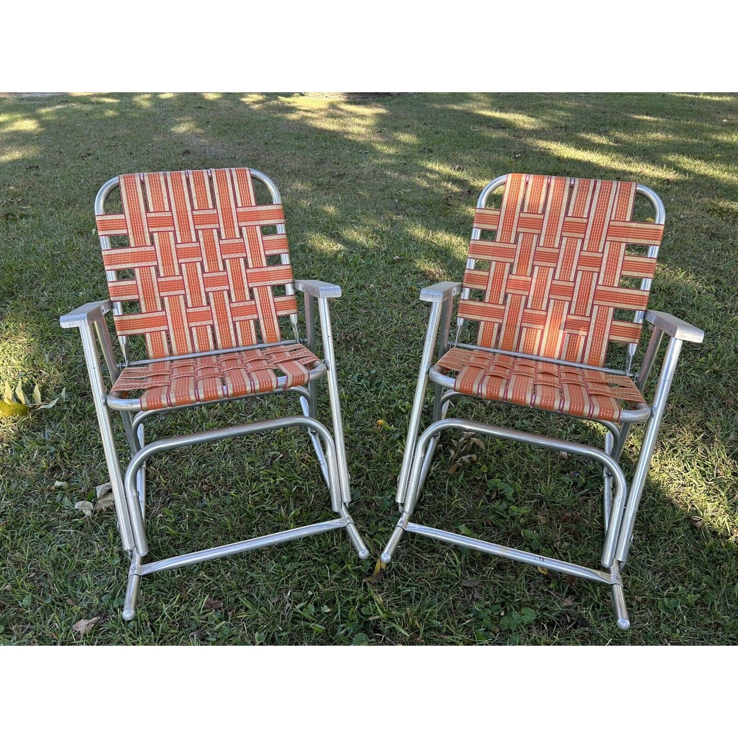 Aluminum Vintage Set Of 2 Rocker Lawn Chairs Orange & Gold Webbing