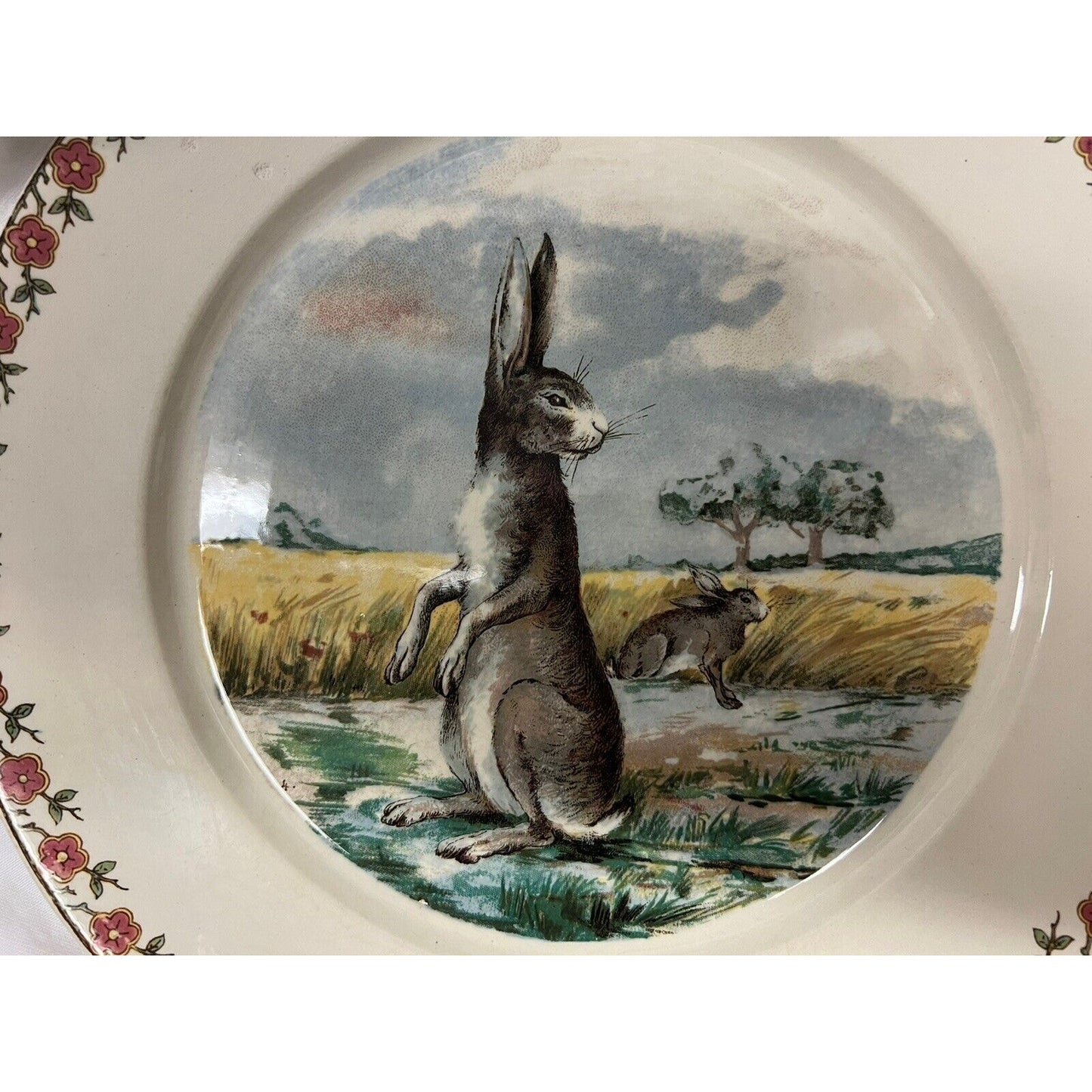 1890s Sarregvemines Germany Rabbit In Field Transferware Luncheon Plate