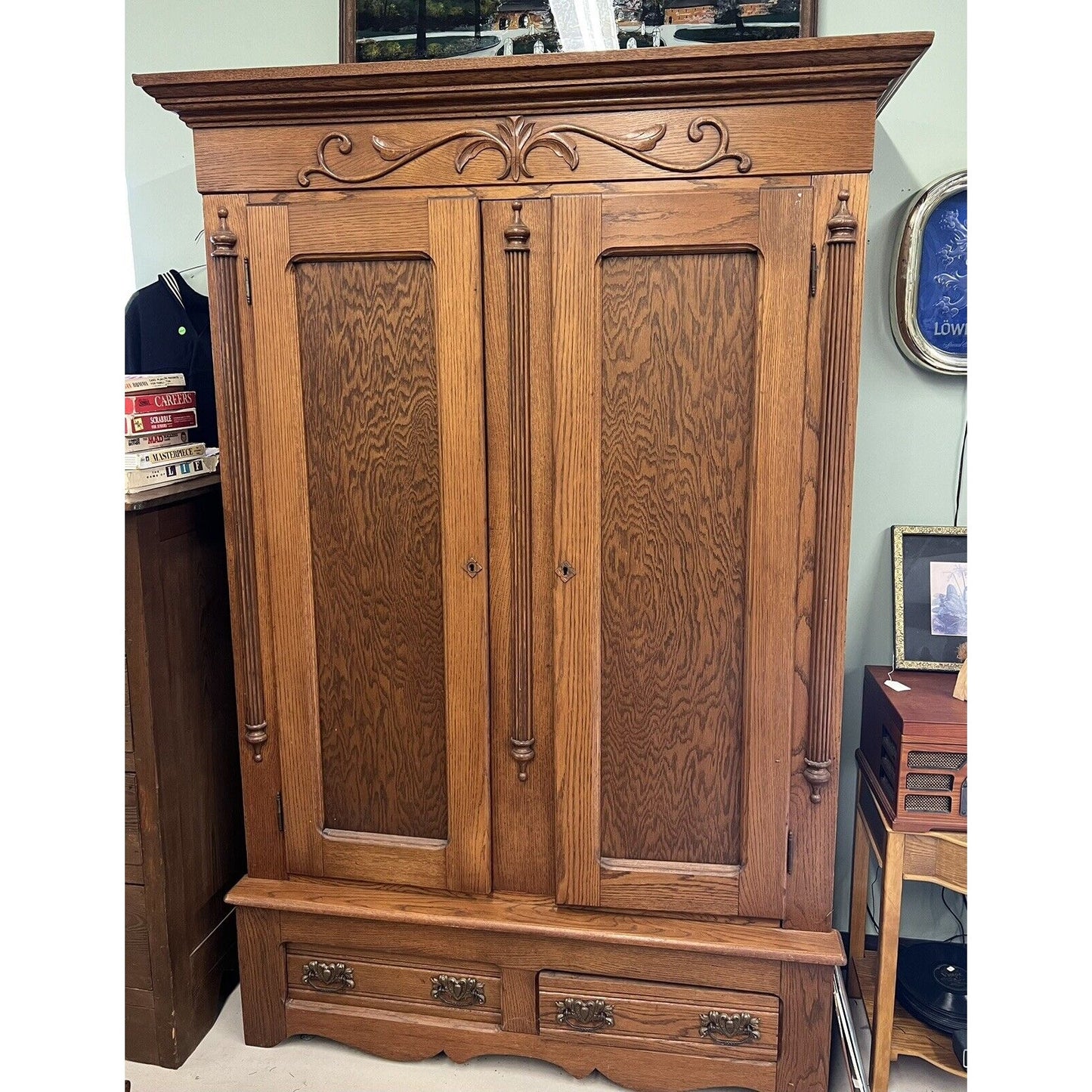 Antique Tall Double Door Oak Hutch Cabinet 7ft tall 53inch wide