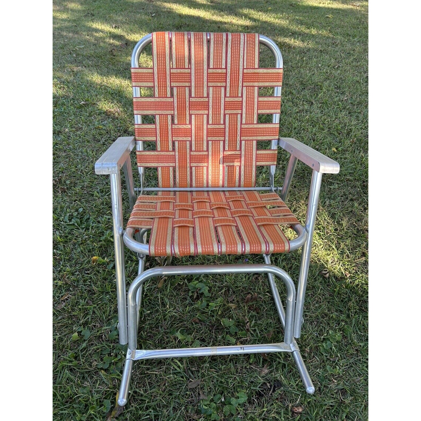 Aluminum Vintage Set Of 2 Rocker Lawn Chairs Orange & Gold Webbing