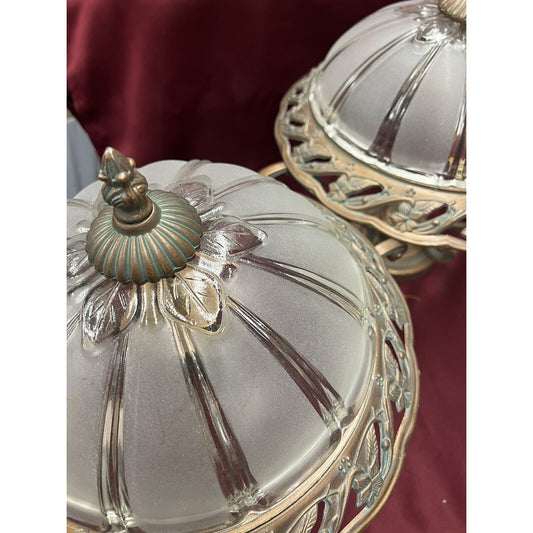 Pair Of Hanging Semi Flush Chandelier Light Fixtures. Set of 2. Antique Patina