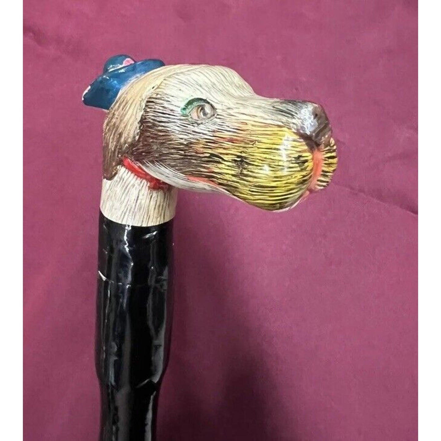 Antique American Folk Art Bamboo Hand Carved, Hand Painted Dog Head Walking Cane