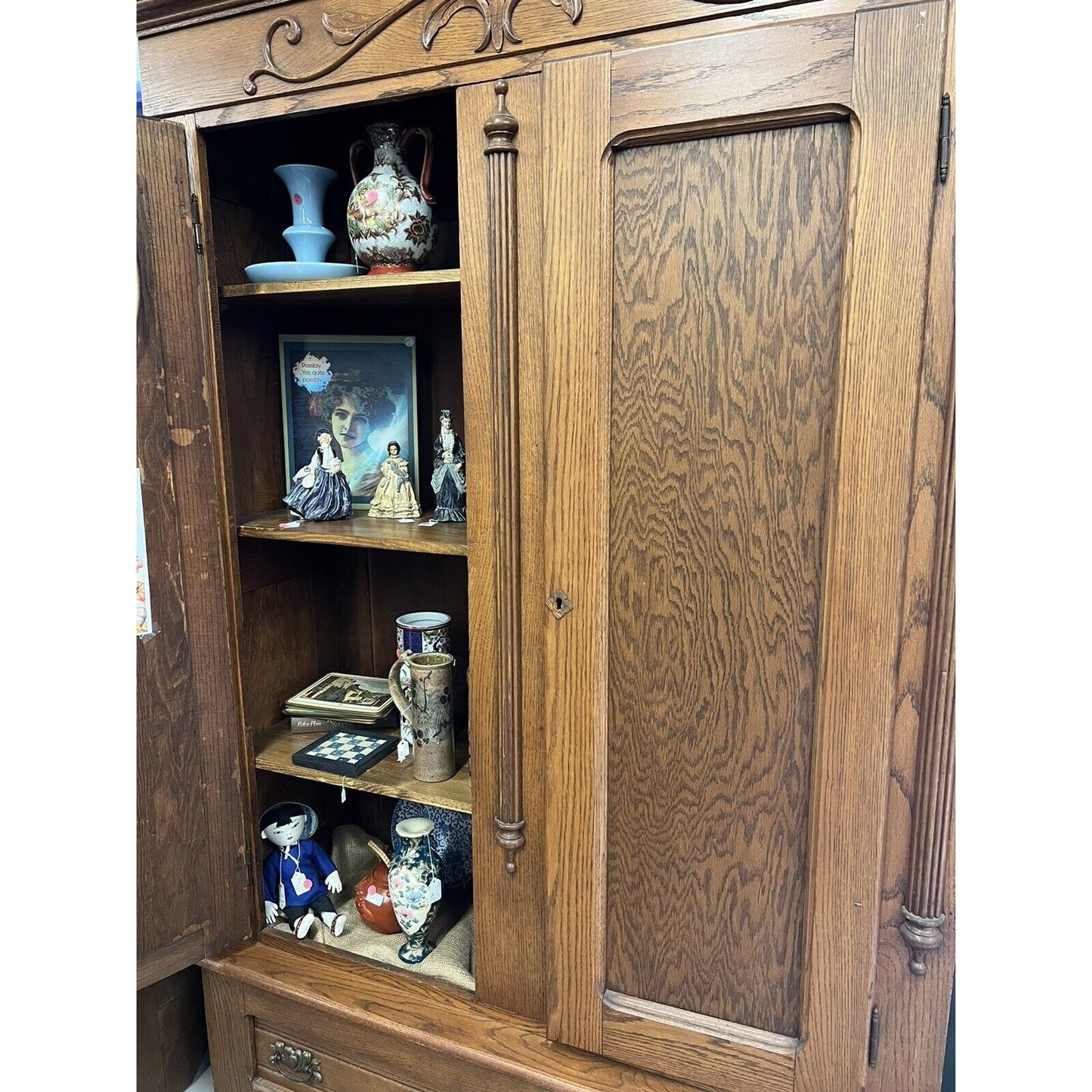 Antique Tall Double Door Oak Hutch Cabinet 7ft tall 53inch wide