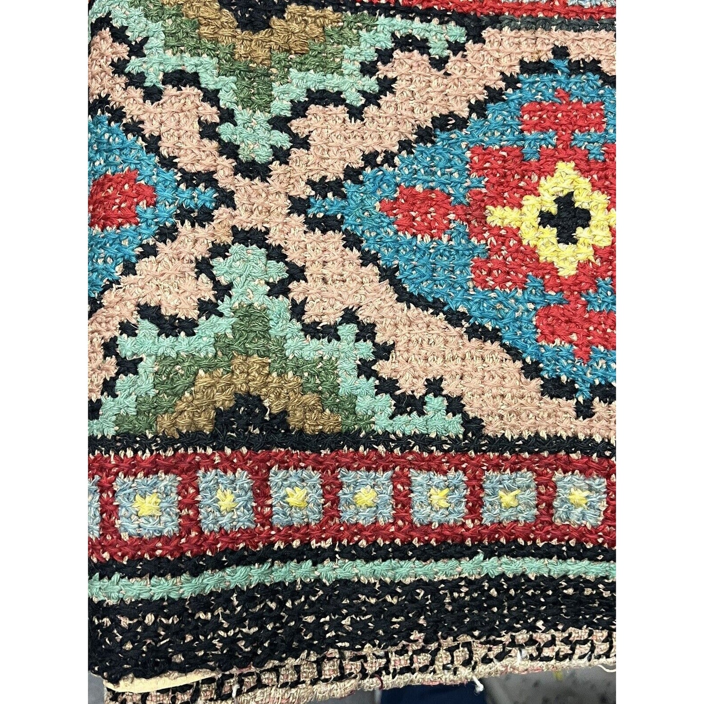 Antique 1920s Hook Folk Art Rug Bright Colors Rare Pattern 75”x69”