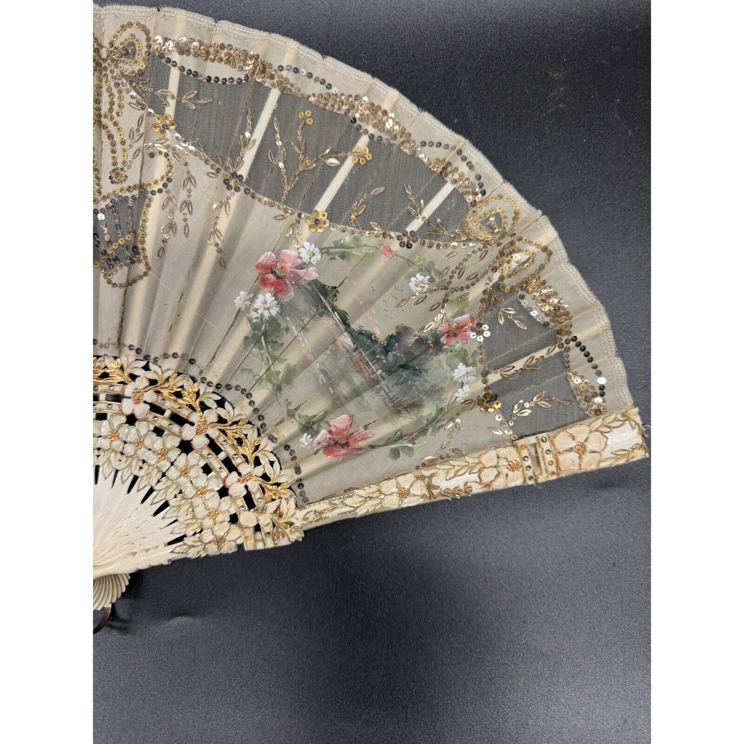 Antique 1800s Hand Painted Lace & Carved Ivorine Hand Fan