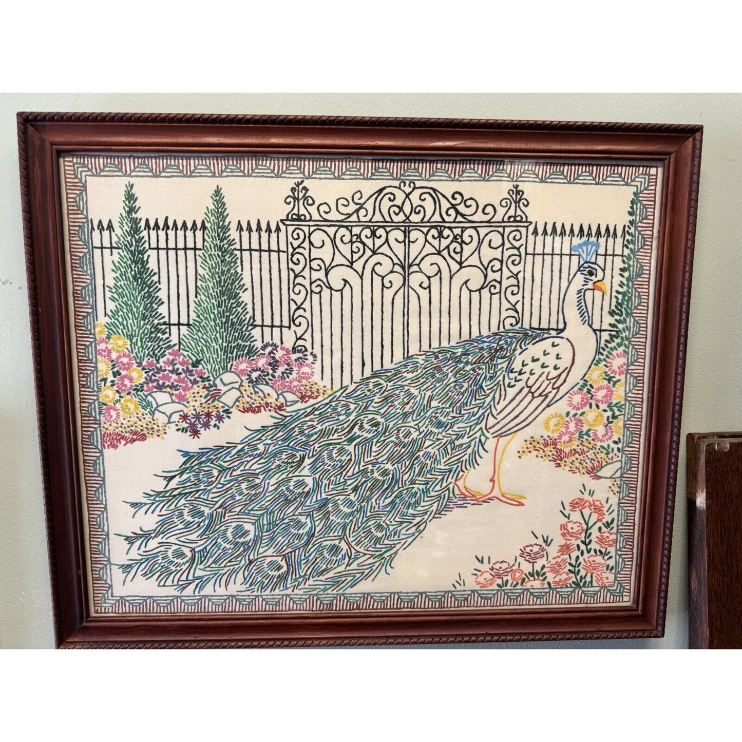 Vintage Artex Fabric Embroidery Paint, Painted Peacock Scene Picture