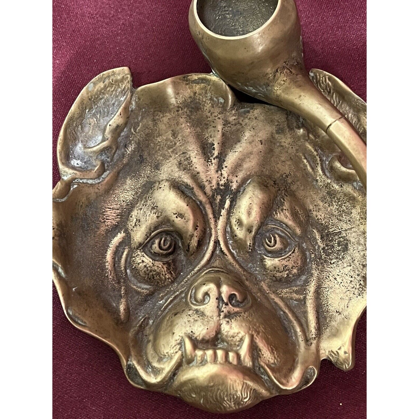 Antique Brass Bulldog Head Novelty Pipe/Cigar Ashtray Dish Match Holder