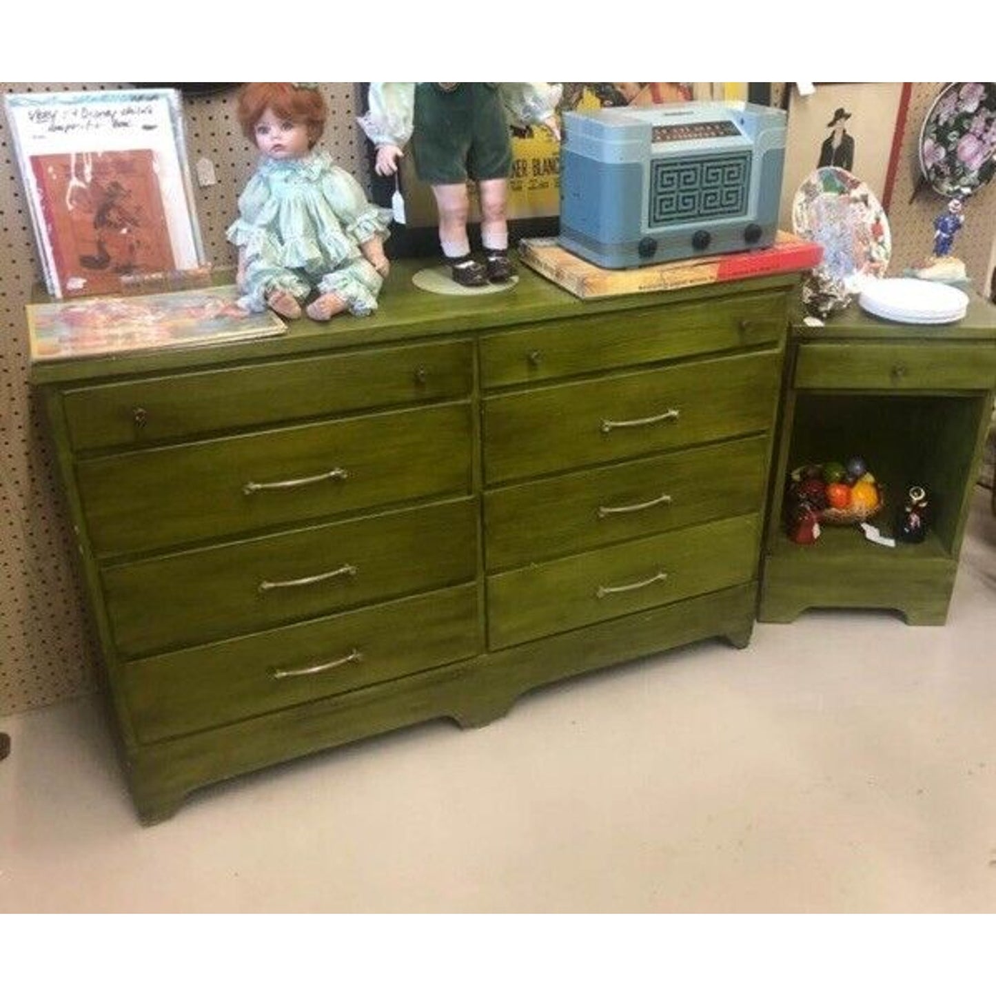 Vintage MCM Green 3 Piece Bedroom Set Dresser, Nightstand, Chest Of Drawers