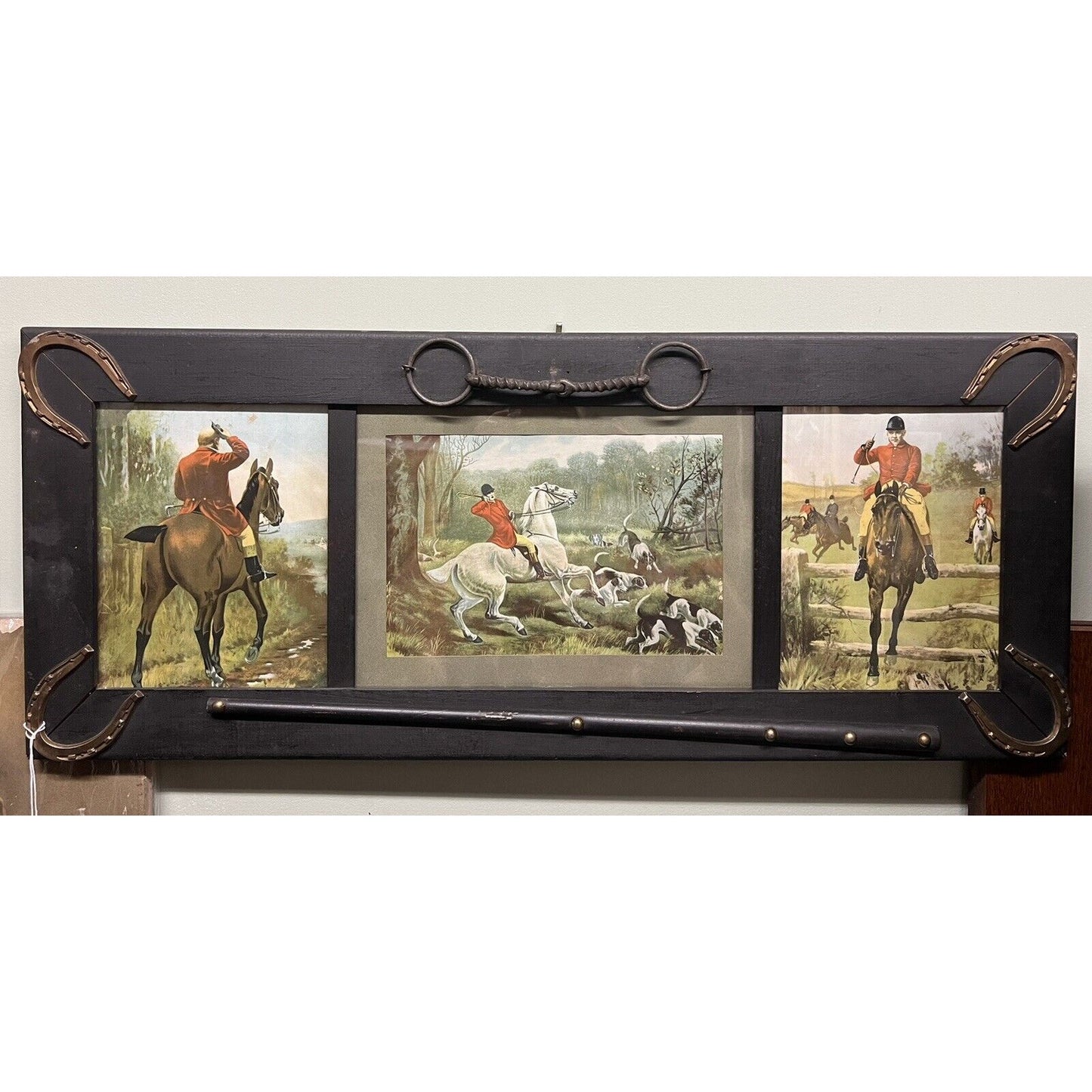 Late 1800s Triptych Litho Print Of Fox Hunting Scenes Unique Frame