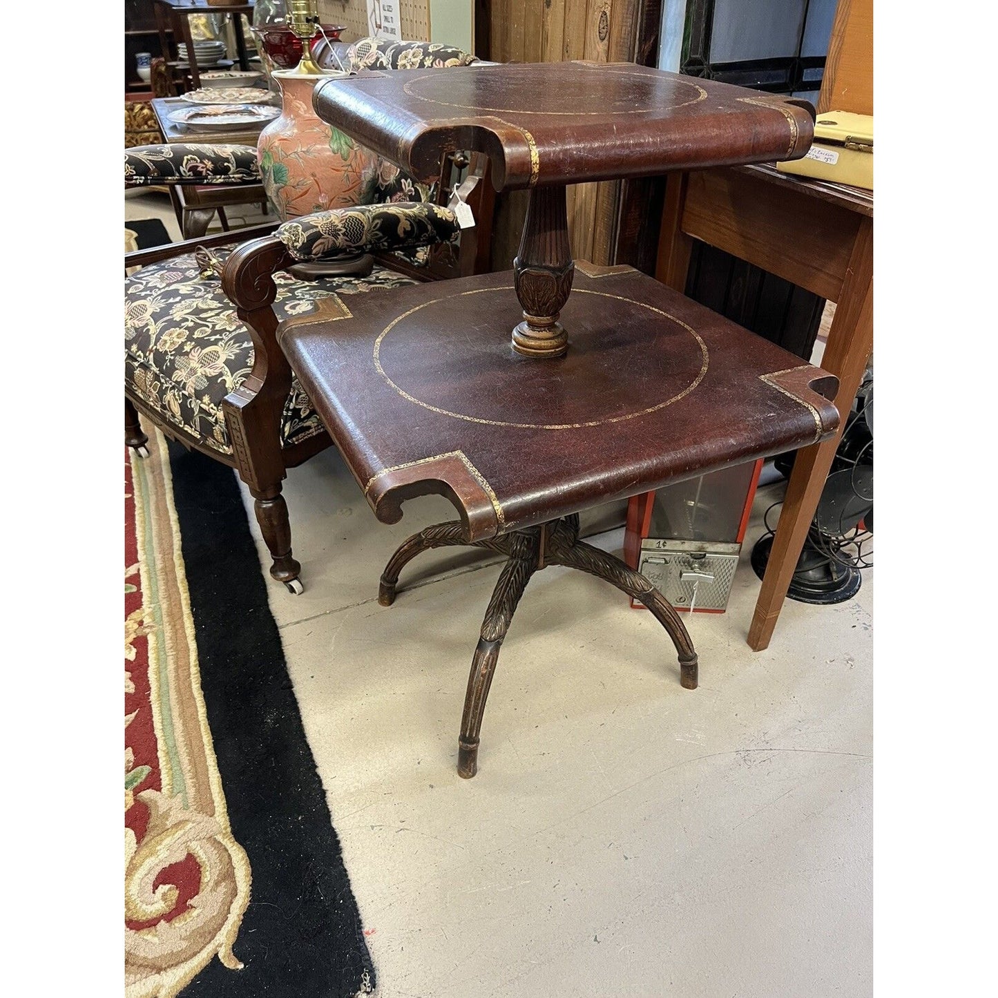 American Regency Revival 2 Tier Leather Top Pedestal Table. Reverse Saber Legs