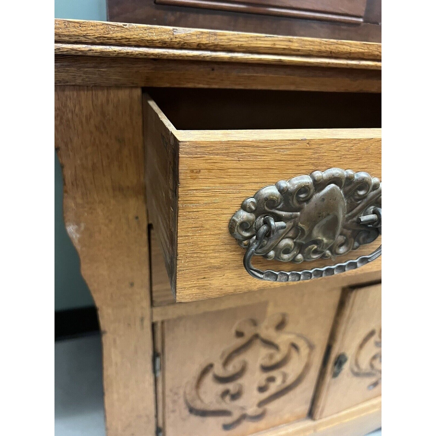 Antique Wash Stand w/2 Drawers, Lower Cabinet And Carved Doors