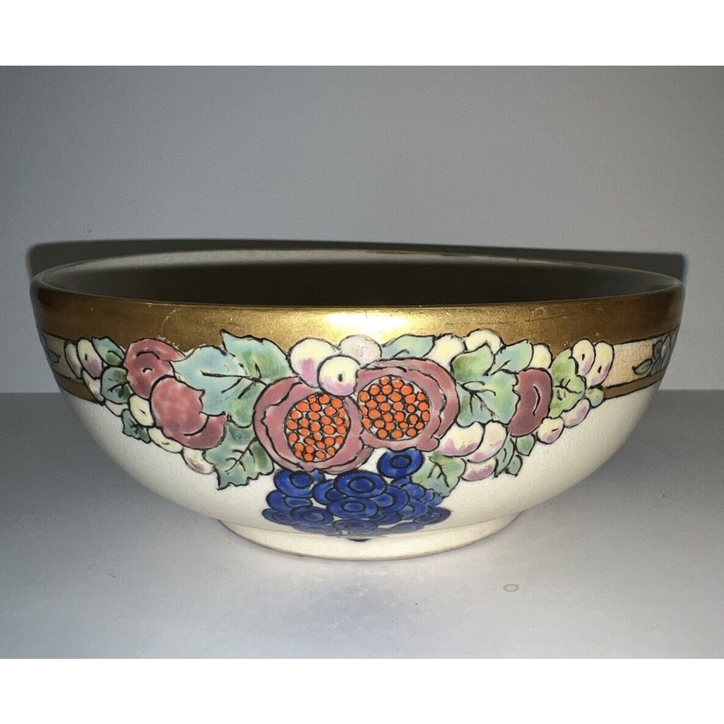 Hand Painted Signed McCann 1927 Art Deco Bowl With Fruit & Gilding