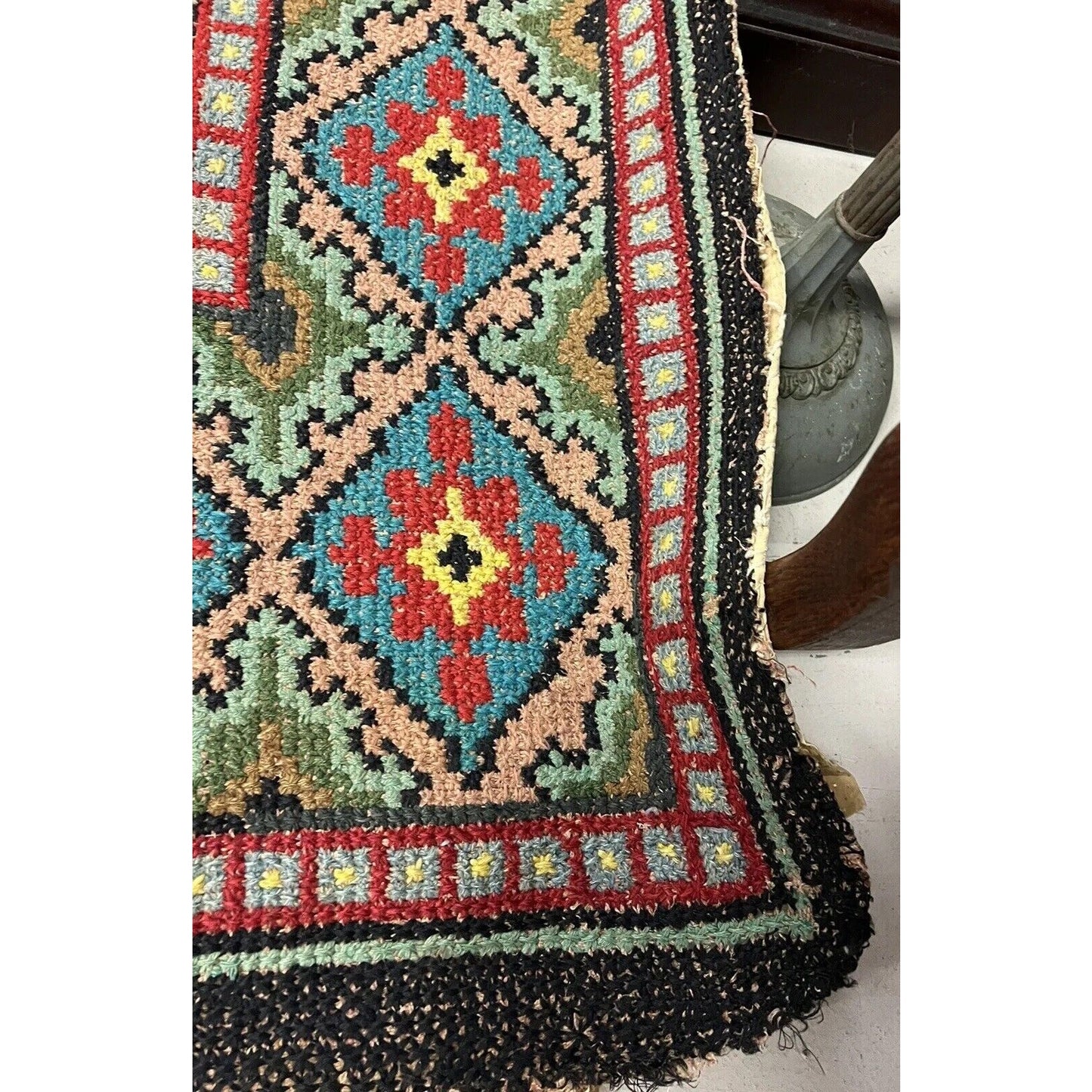 Antique 1920s Hook Folk Art Rug Bright Colors Rare Pattern 75”x69”