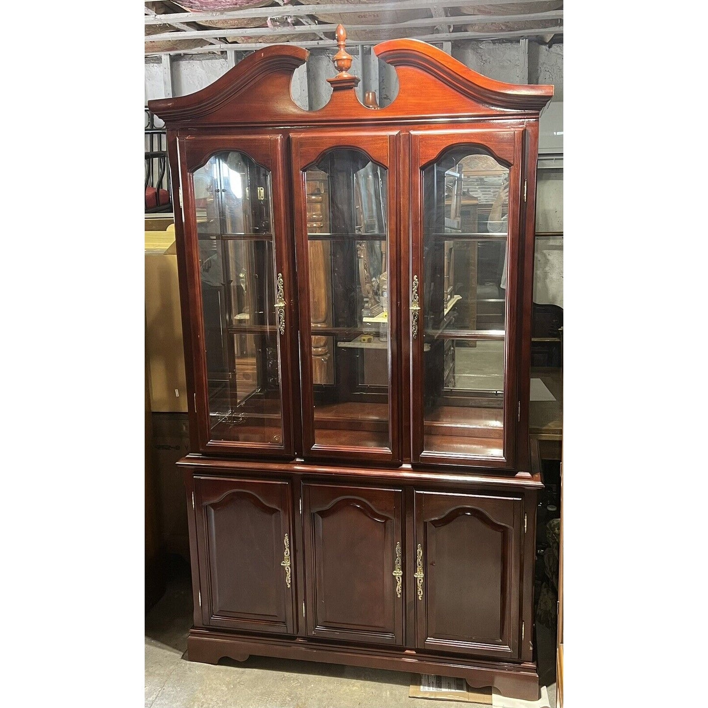 Federal Style Cherry China Hutch Cabinet. Broken Pediment. W/ Display Lights