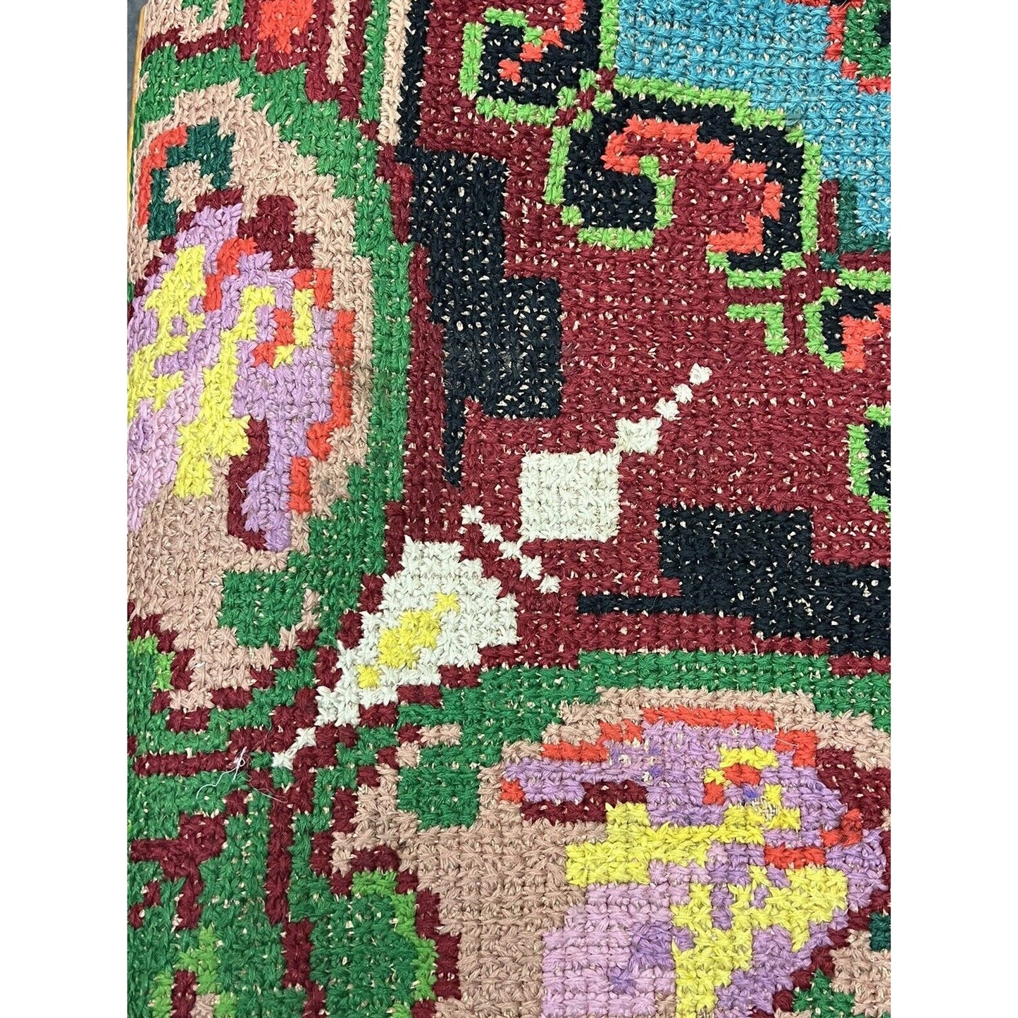 Antique 1920s Hook Folk Art Rug Bright Colors Rare Pattern 75”x69”