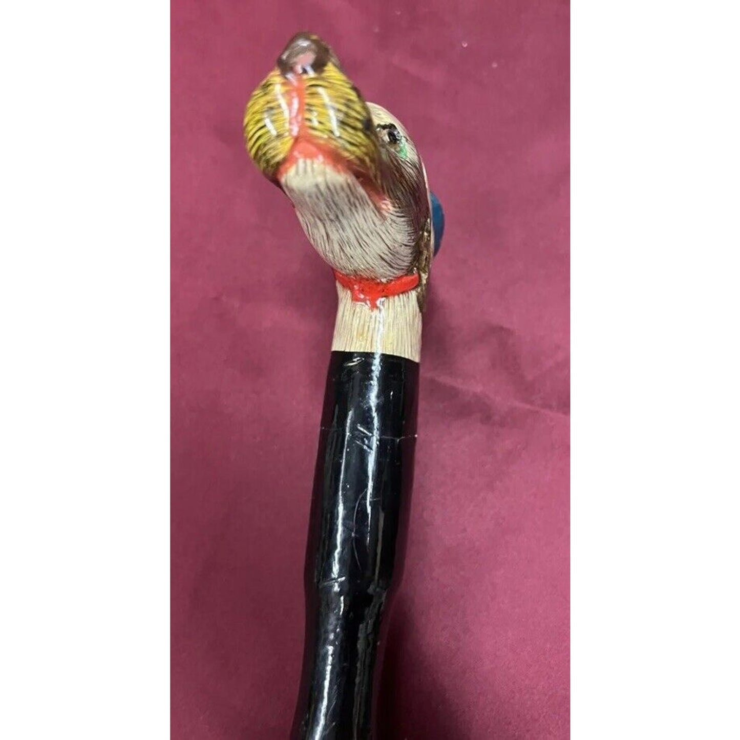 Antique American Folk Art Bamboo Hand Carved, Hand Painted Dog Head Walking Cane