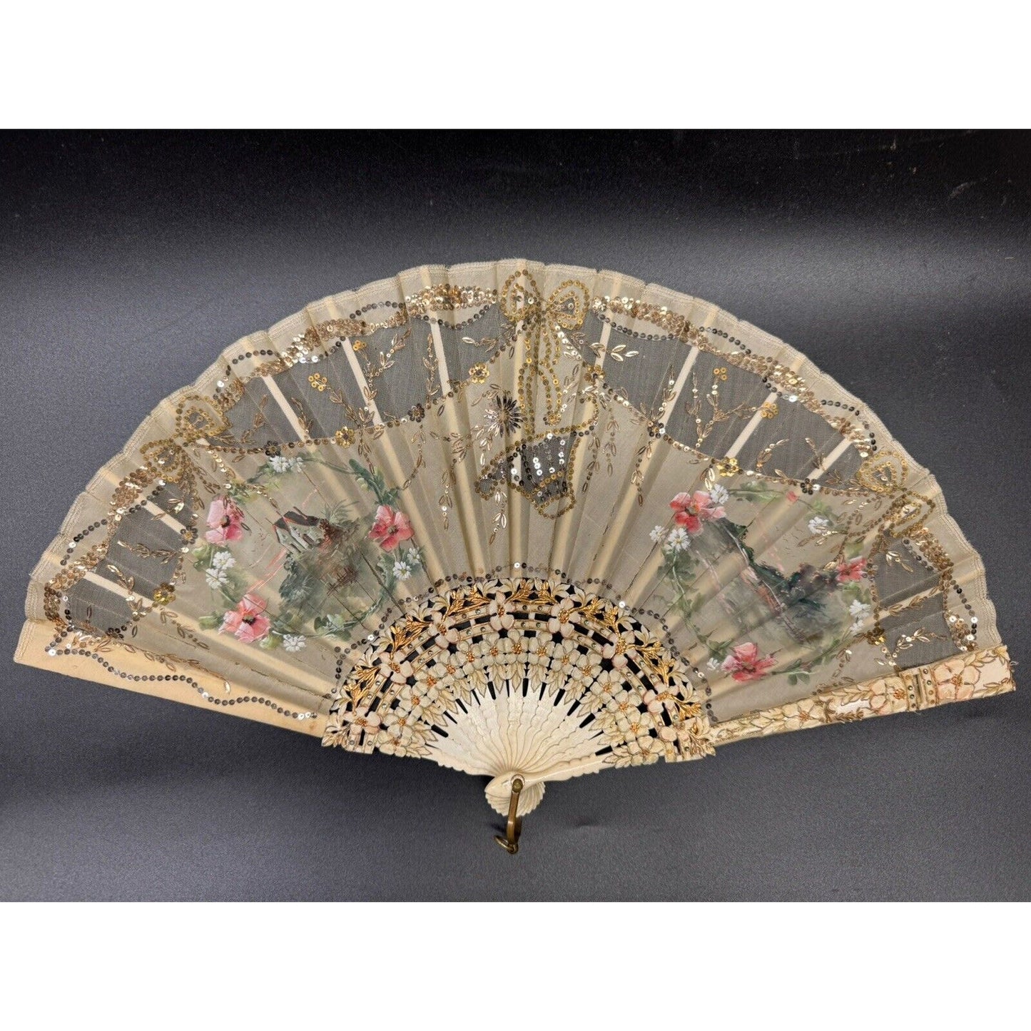 Antique 1800s Hand Painted Lace & Carved Ivorine Hand Fan