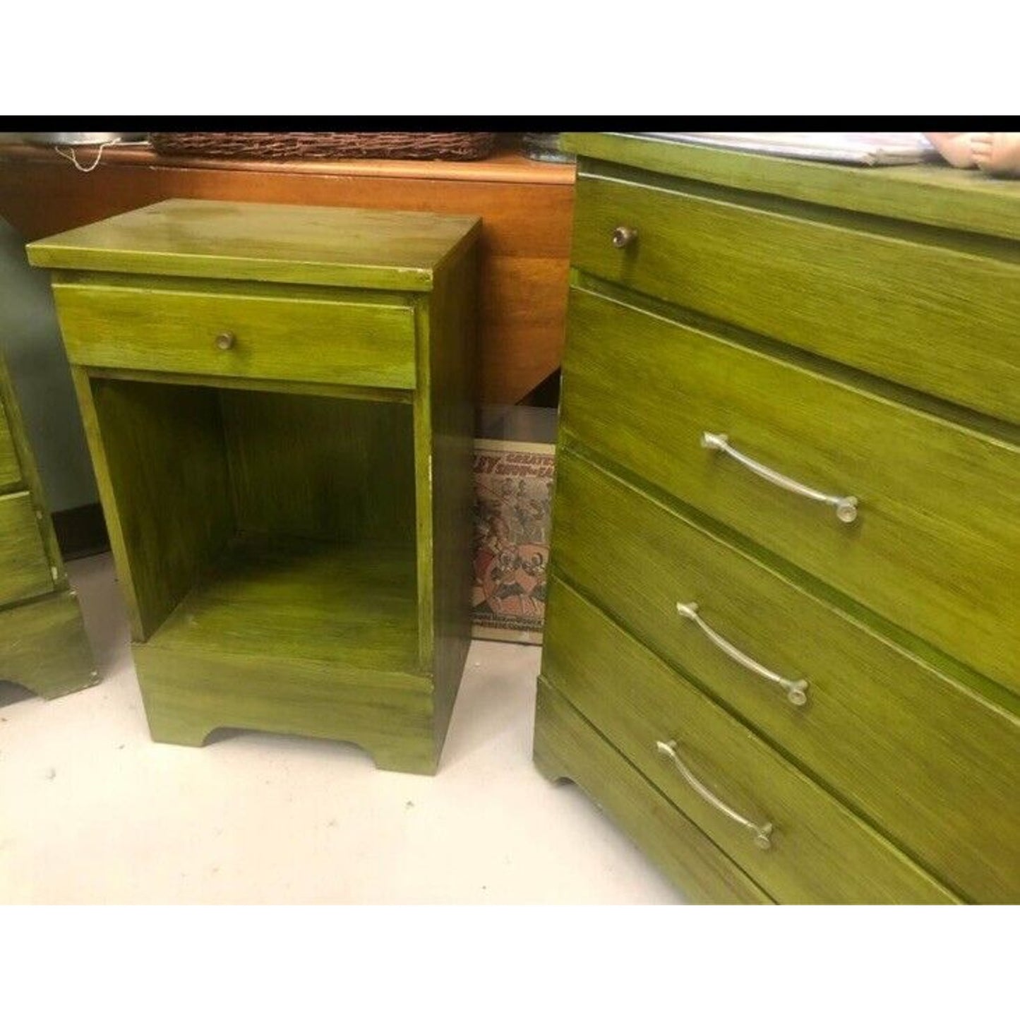 Vintage MCM Green 3 Piece Bedroom Set Dresser, Nightstand, Chest Of Drawers