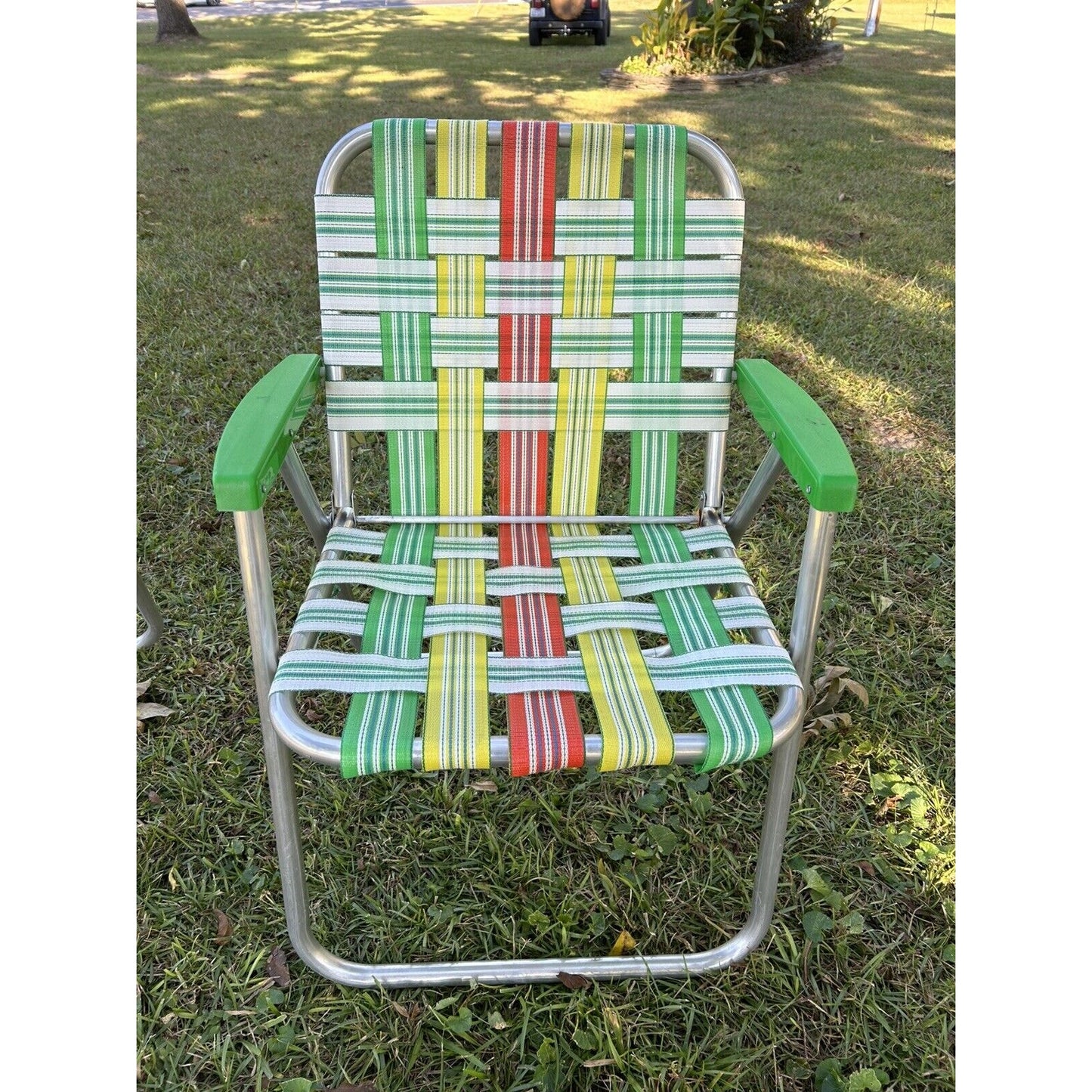 Vintage Aluminum Folding Lawn Chairs Green, Yellow, Orange Webbing Set Of 2