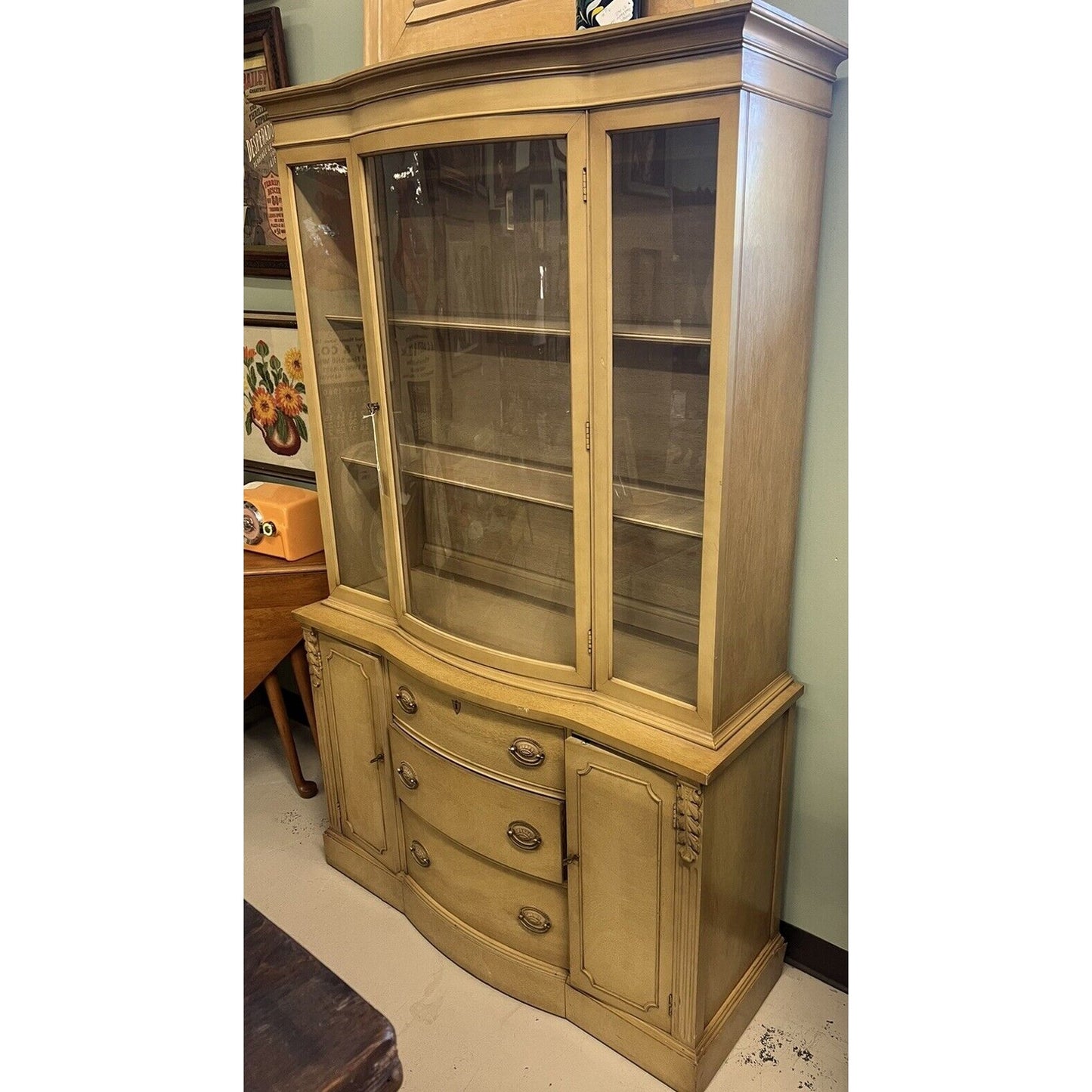 1950s Blonde Mahogany Finish Serpentine Bow Front Hutch China Cabinet