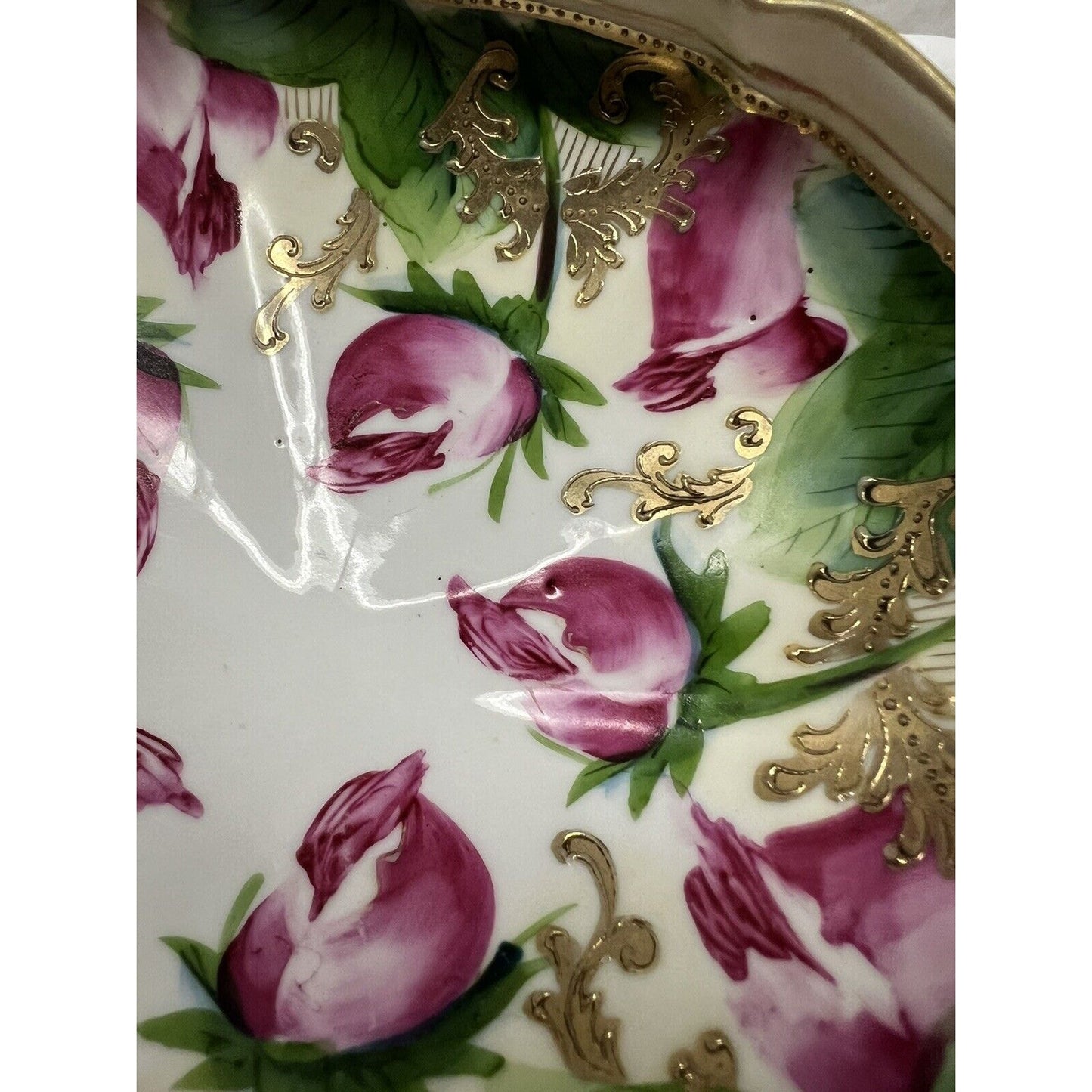 Antique Nippon 3 Footed Bowl With Gilding And Dark Pink Flowers