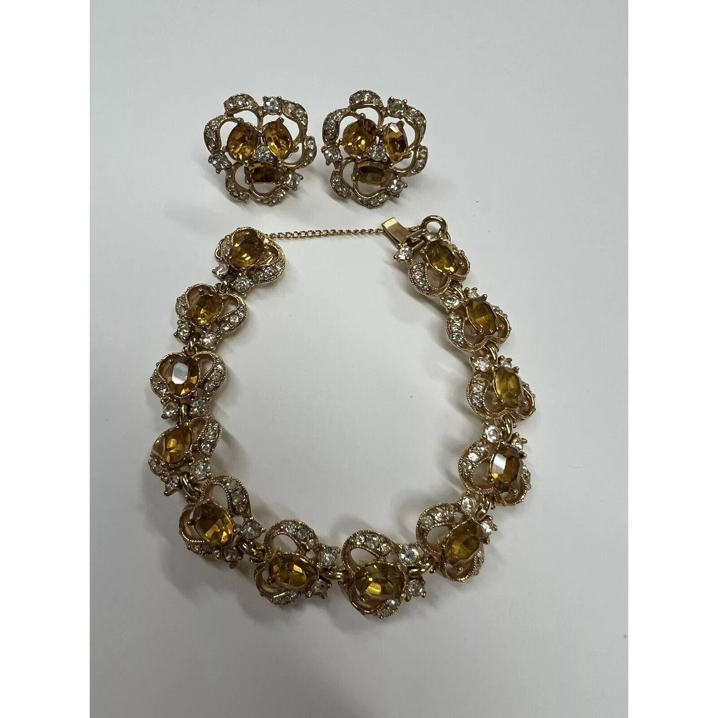 Vintage 40s-60s Bogoff Topaz & Rhinestone Bracelet With Screw On Earrings