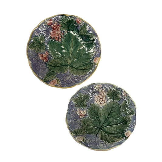 19th Century English Lavender Grape Leaf & Strawberry Majolica Plates Set Of 2