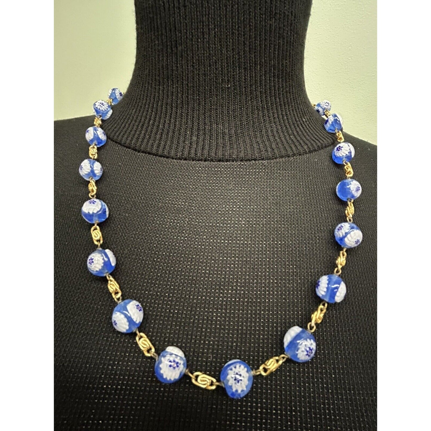 Vintage Glass Beaded Necklace Blue With White Flowers