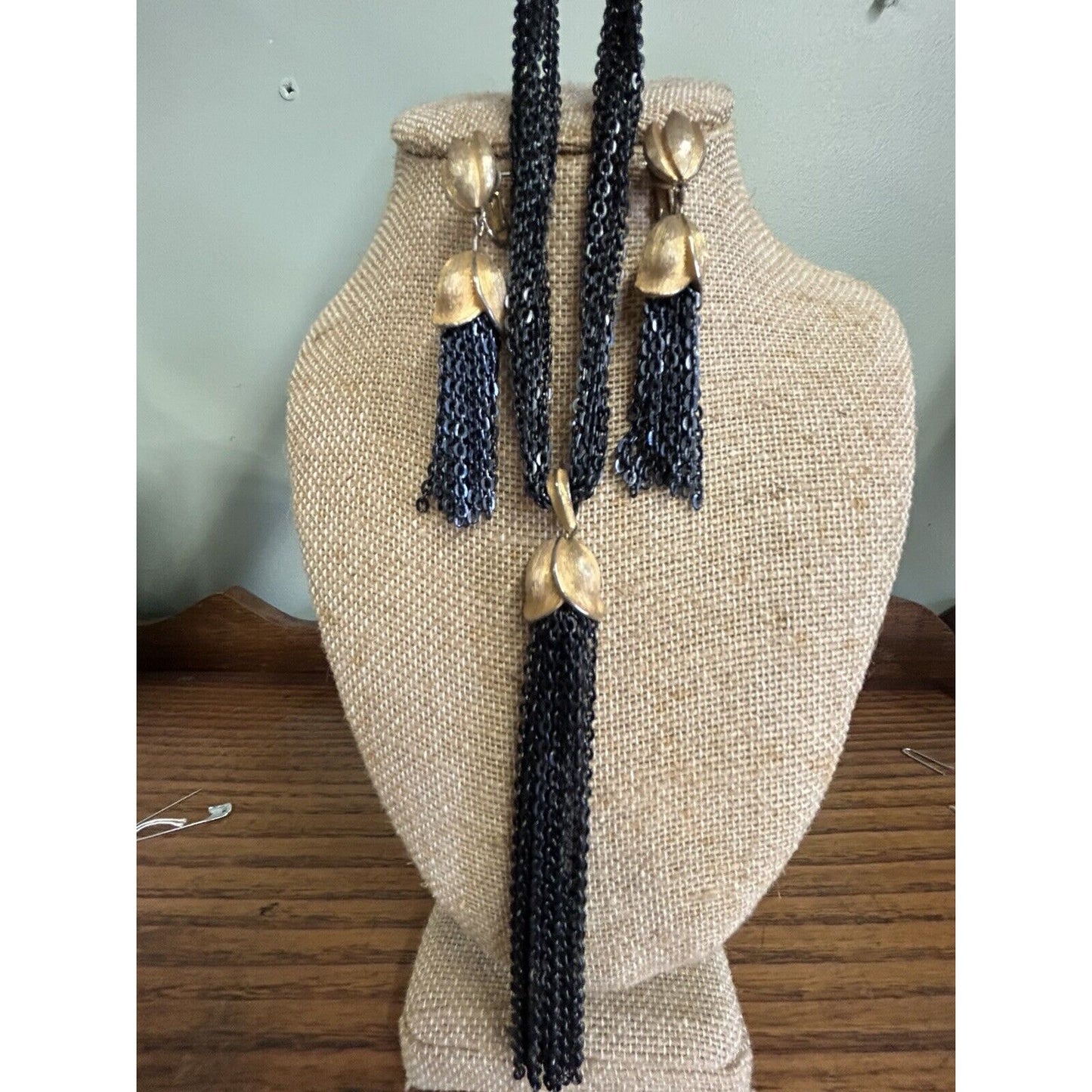 Vintage Necklace & Earring Set Black Chains With Gold Embellishment