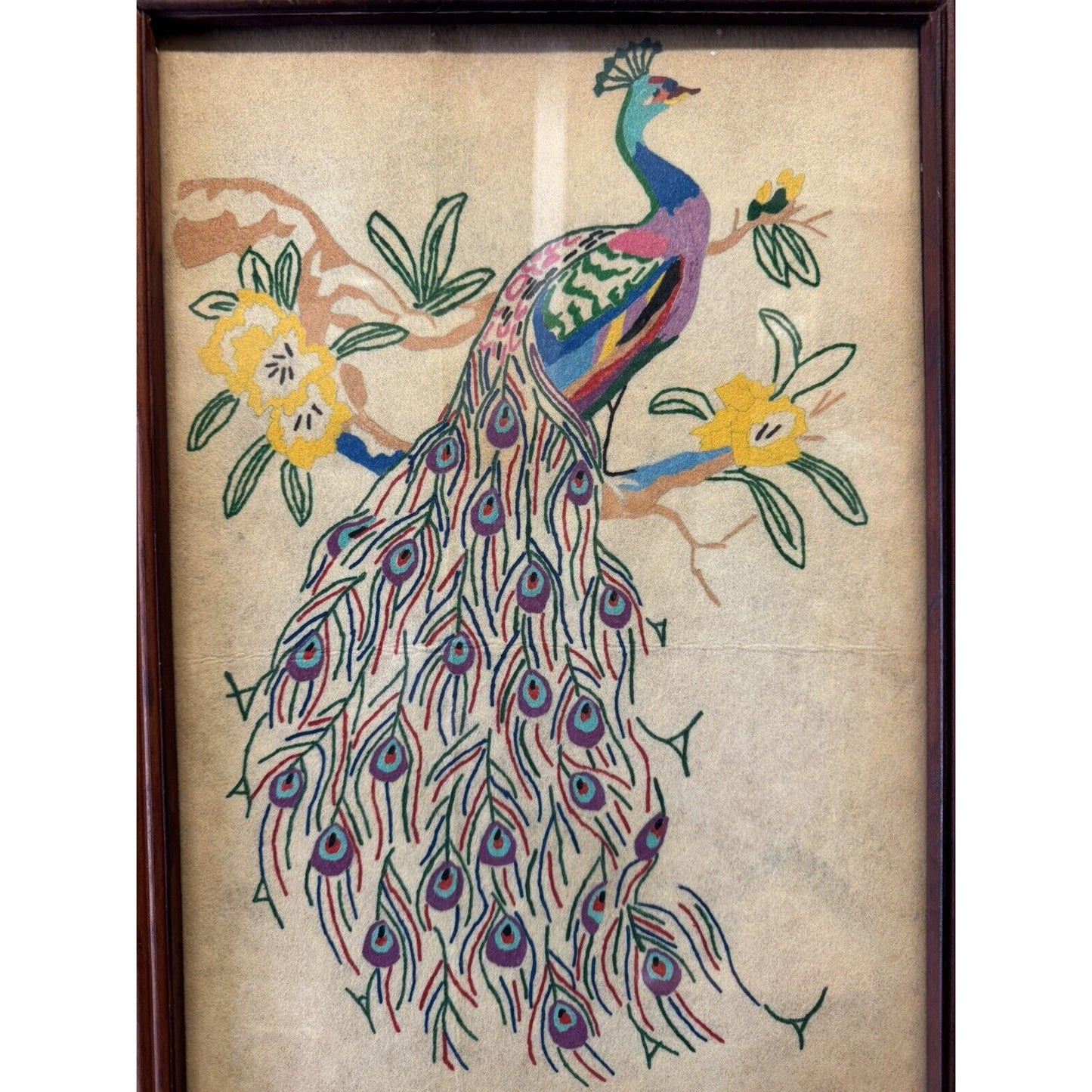 Two Vintage Artex Embroidery Paint, Peacock Pictures Framed