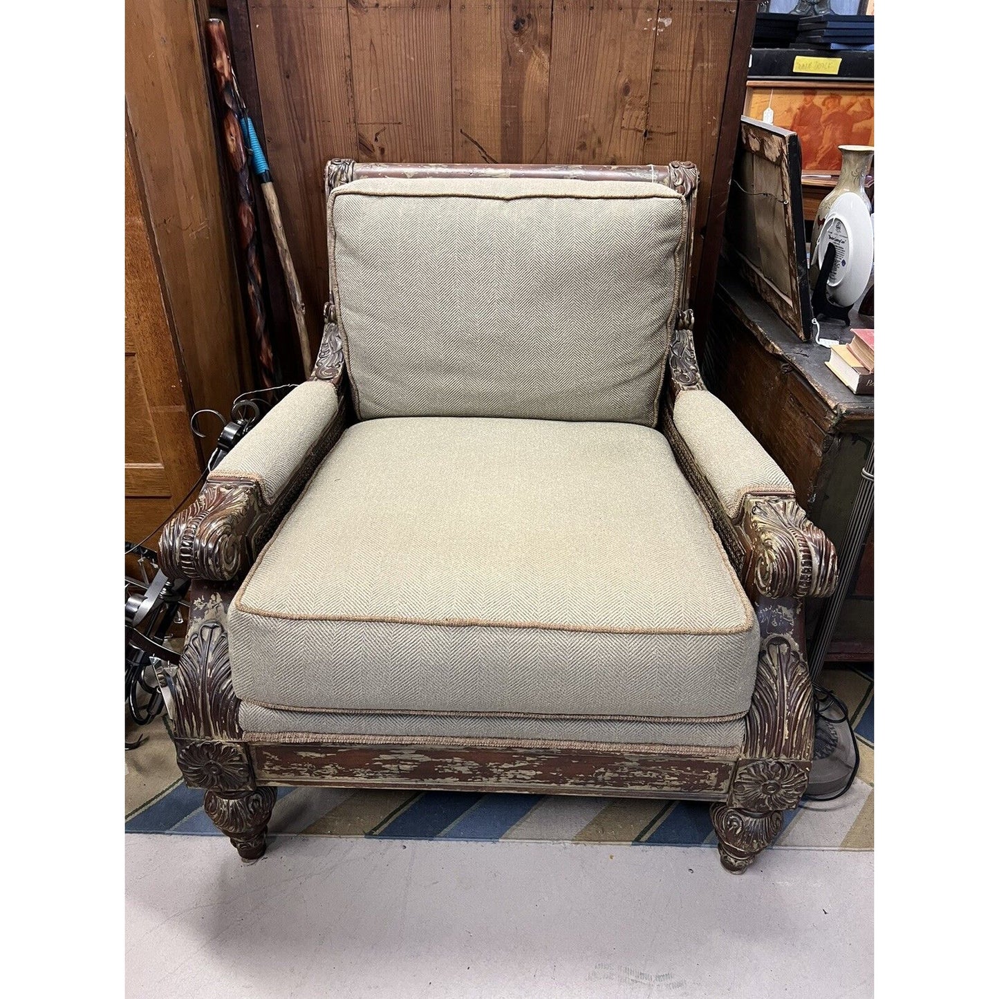 Oversized Upholstered Arm Chair Rustic Acanthus Motif With Cane Sides And Back