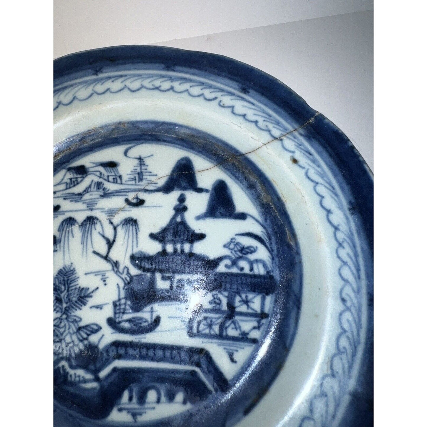 Chinese Blue & White Canton 1830s Or Older Decorative Plate Has Been Repaired