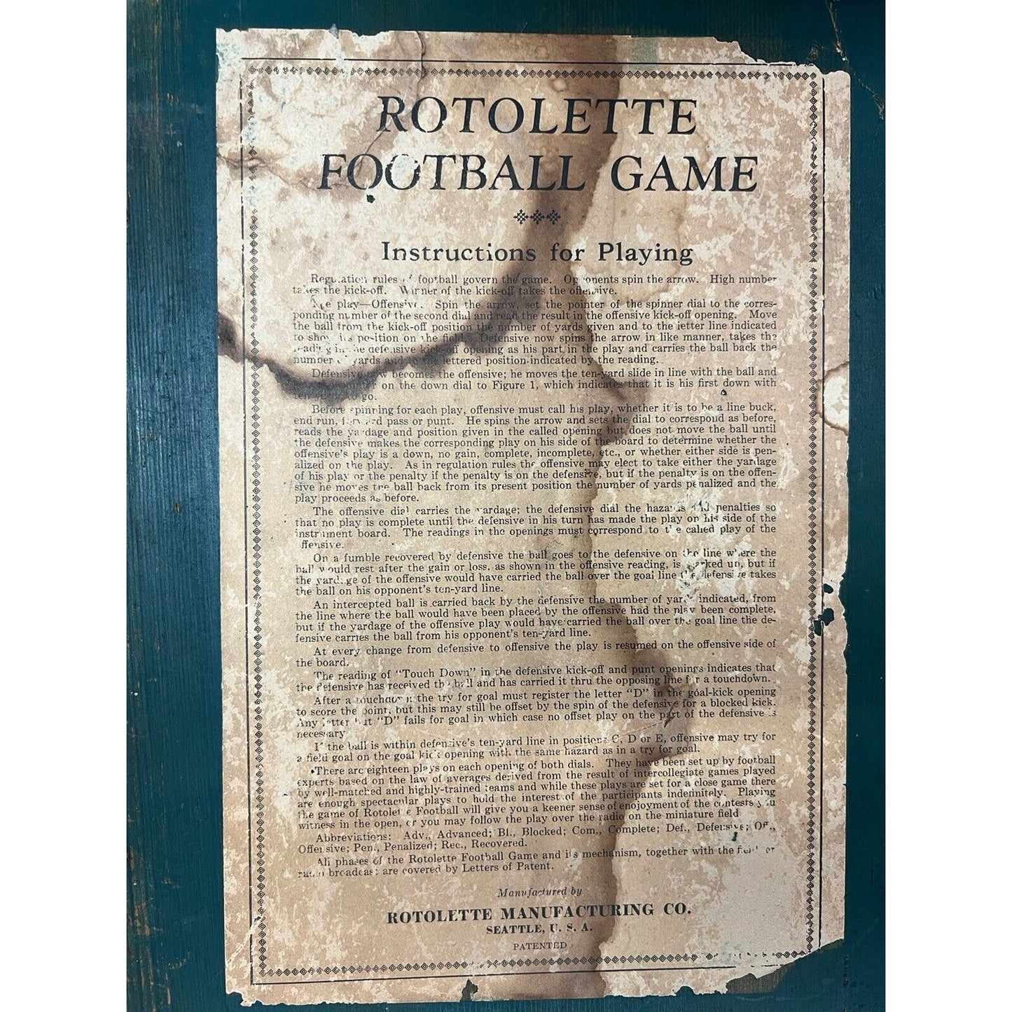 1930s Rotolette Foot-Ball Game Wood Case Working Condition With Instructions